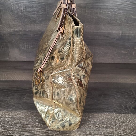Michael Kors MK Logo Mirror Metallic Gold Monogram Luxury Tote Bag Purse Large - Picture 6 of 13